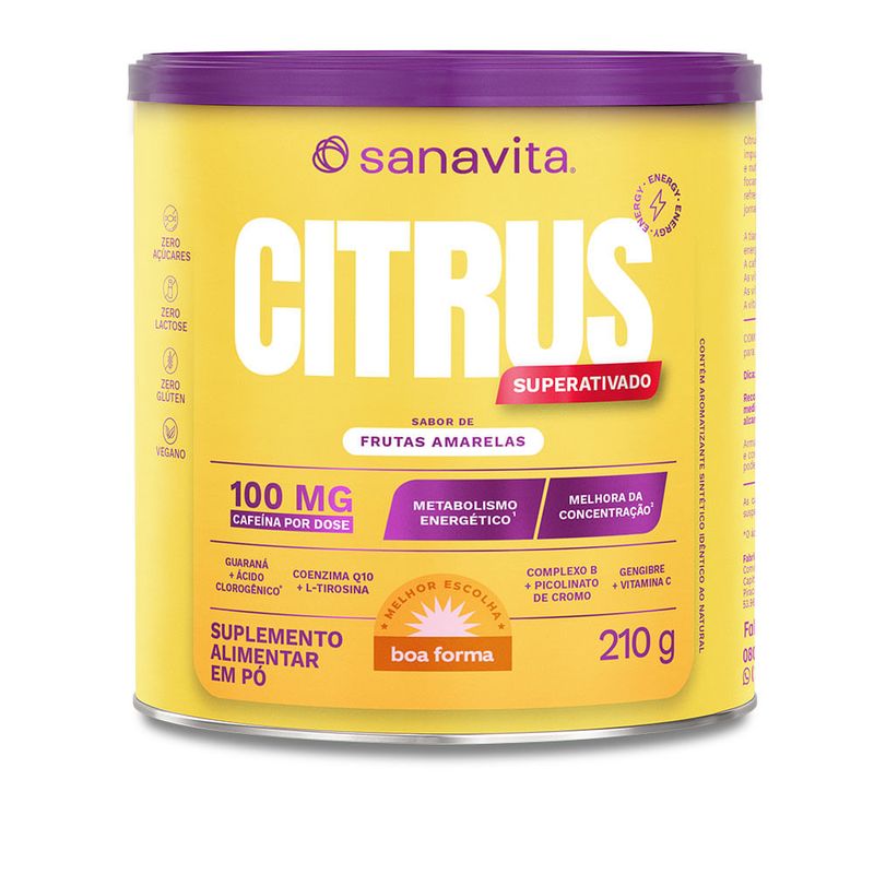 Pote de suplemento alimentar Citrus Superativado sabor frutas amarelas, com 100 mg de cafeína.