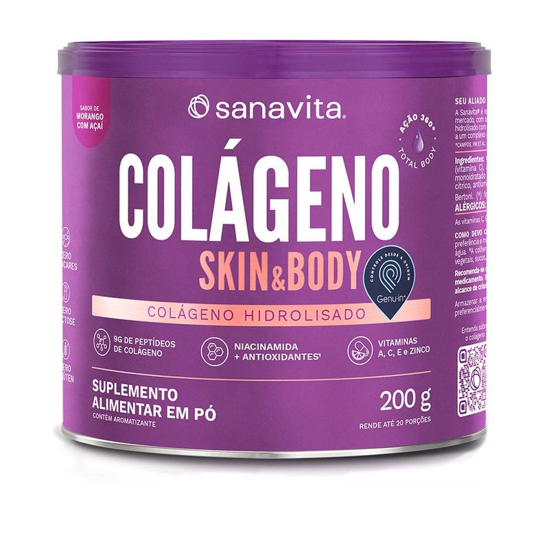 Lata de suplemento Colágeno Skin & Body sabor morango com açaí, com 9g de peptídeos de colágeno.