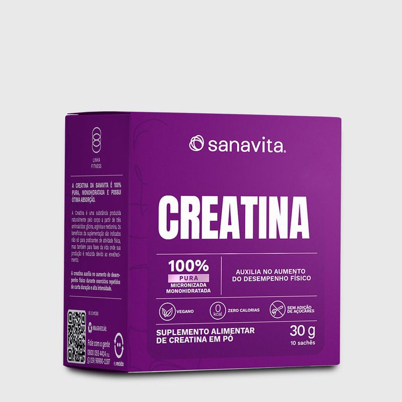 Caixa de creatina Sanavita, 30g, 100% pura e micronizada, com 10 sachês.