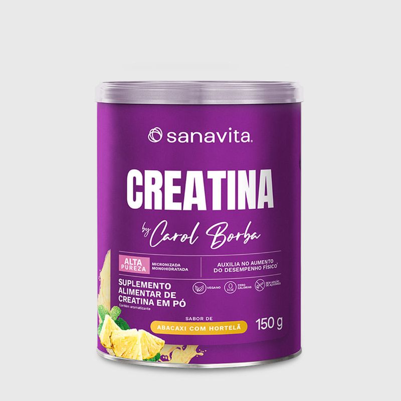 Pote de creatina Sanavita by Carol Borba, 150g, sabor abacaxi com hortelã.