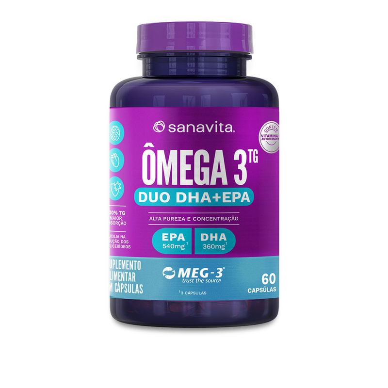 Frasco de Ômega 3 TG Duo DHA+EPA Sanavita, 60 cápsulas, com 540mg de EPA e 360mg de DHA.