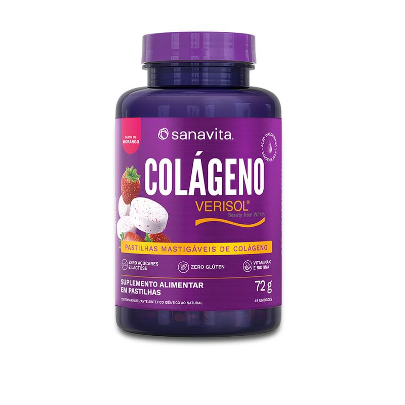 Pastilhas mastigáveis de colágeno Verisol, sabor morango. Contém vitamina C e biotina.