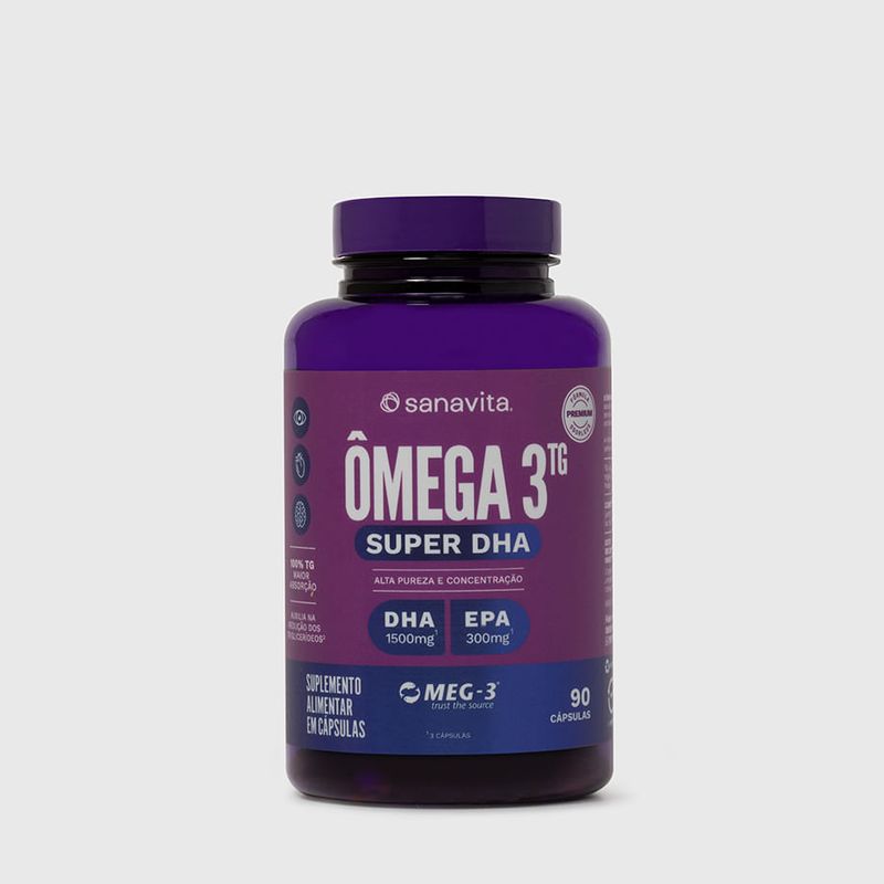 Frasco de Ômega 3 TG Super DHA Sanavita, 90 cápsulas, com 1500mg de DHA e 300mg de EPA.