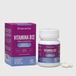 Frasco de Vitamina B12 Sanavita com 60 cápsulas vegetais e embalagem ao fundo.