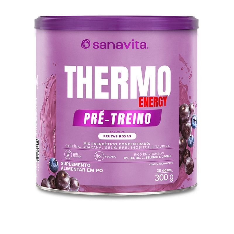 Lata de suplemento Thermo Energy pré-treino sabor frutas roxas, com mix energético concentrado.