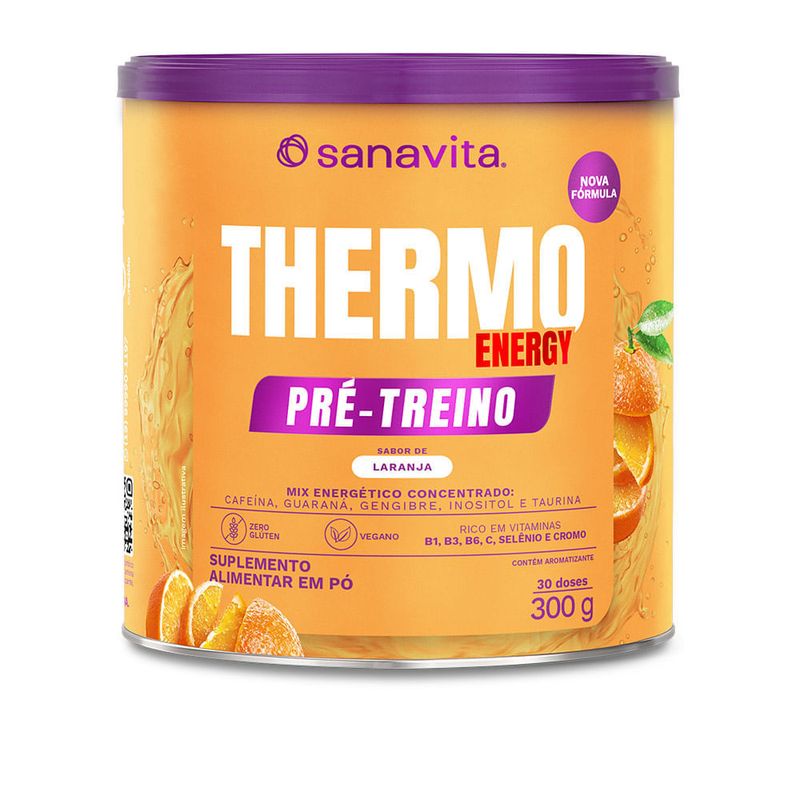 Lata de suplemento Thermo Energy pré-treino sabor laranja, 300g, com mix energético concentrado.