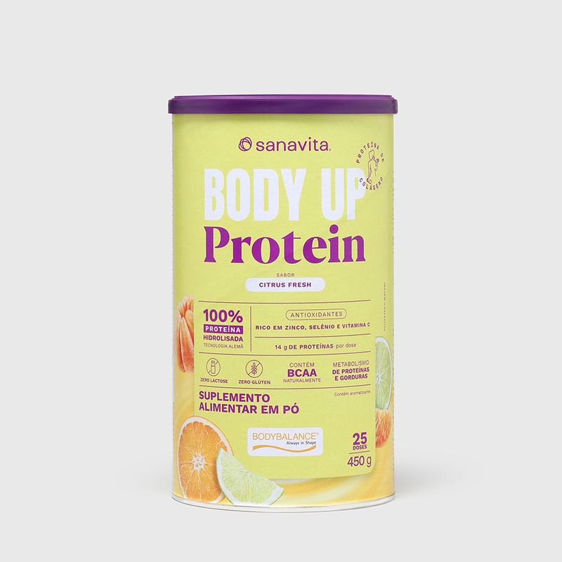 Embalagem do suplemento Body Up Protein sabor Citrus Fresh, com 450g e 25 doses.