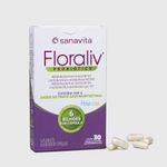 Embalagem de suplemento probiótico Floraliv, auxilia na saúde gastrointestinal, 30 cápsulas.