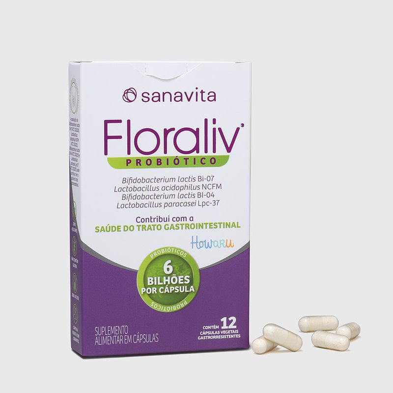 Embalagem de suplemento probiótico Floraliv, auxilia na saúde gastrointestinal, 12 cápsulas.