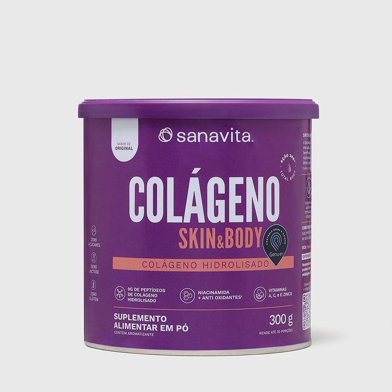 Pote de colágeno hidrolisado Skin & Body Sanavita, 300g, sabor original.