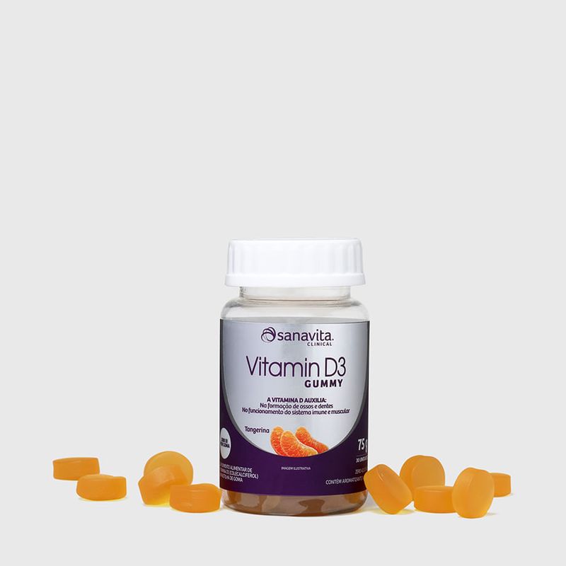 Frasco de Vitamin D3 Gummy Sanavita com 75g e balas de goma ao redor.