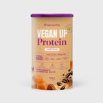 Pote de suplemento alimentar Vegan Up Protein sabor Caramel Coffee, com 22g de proteínas por porção.