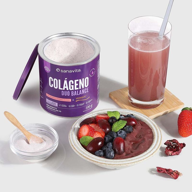 Pote de Colágeno Duo Balance aberto, copo de bebida e tigela com açaí e frutas.