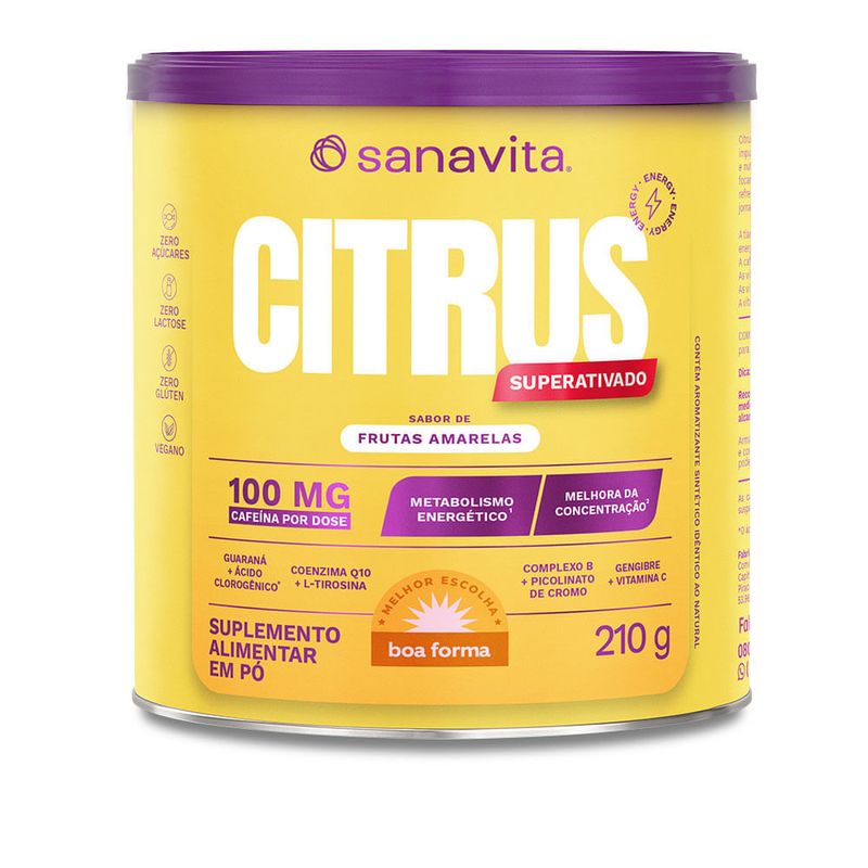 Pote de suplemento alimentar Citrus Superativado sabor frutas amarelas, com 100 mg de cafeína.