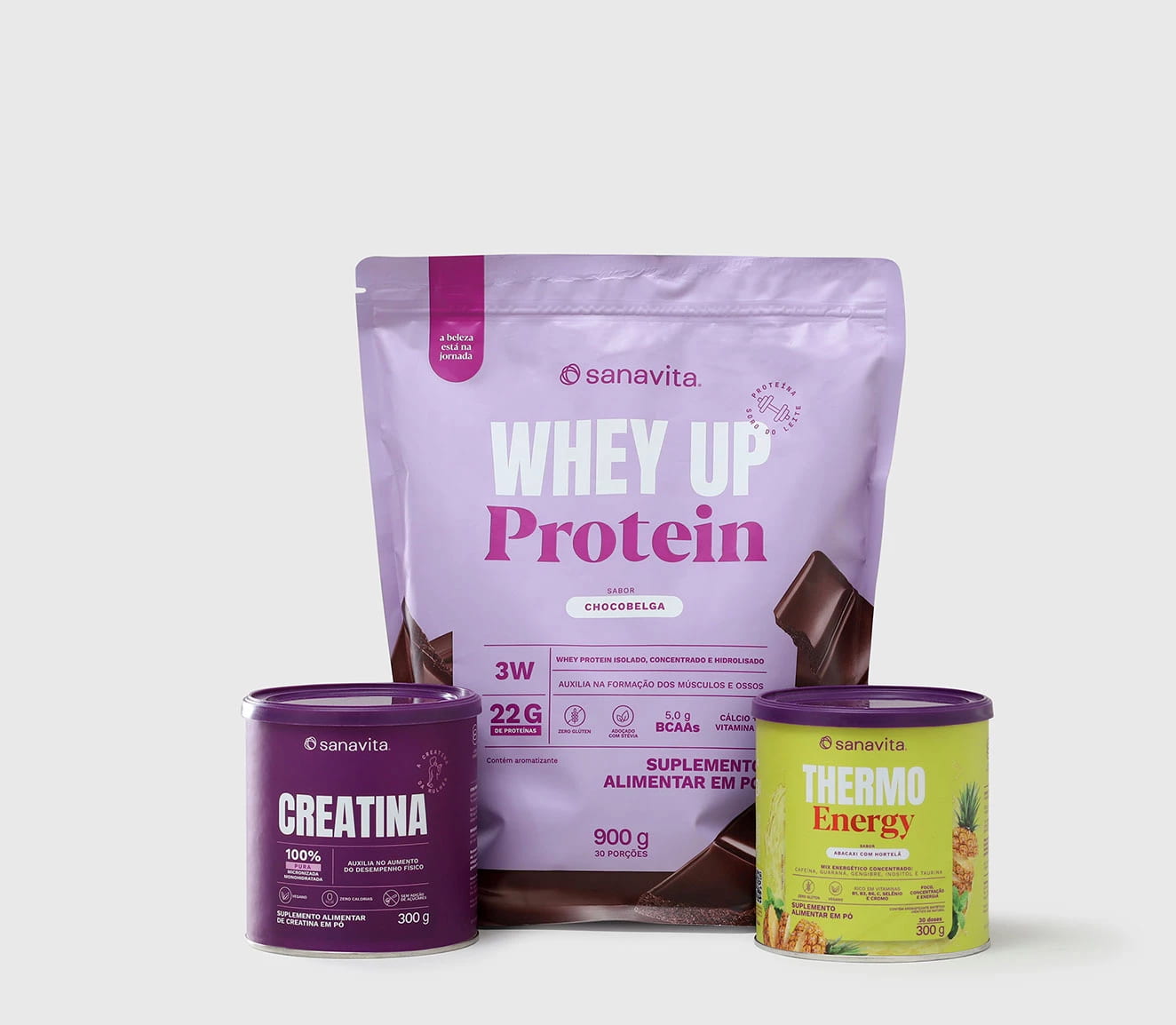 Produtos Sanavita: sachê de Whey Up Protein sabor Chocobhelga, pote de Creatina e pote de Thermo Energy sabor abacaxi, sobre fundo neutro.