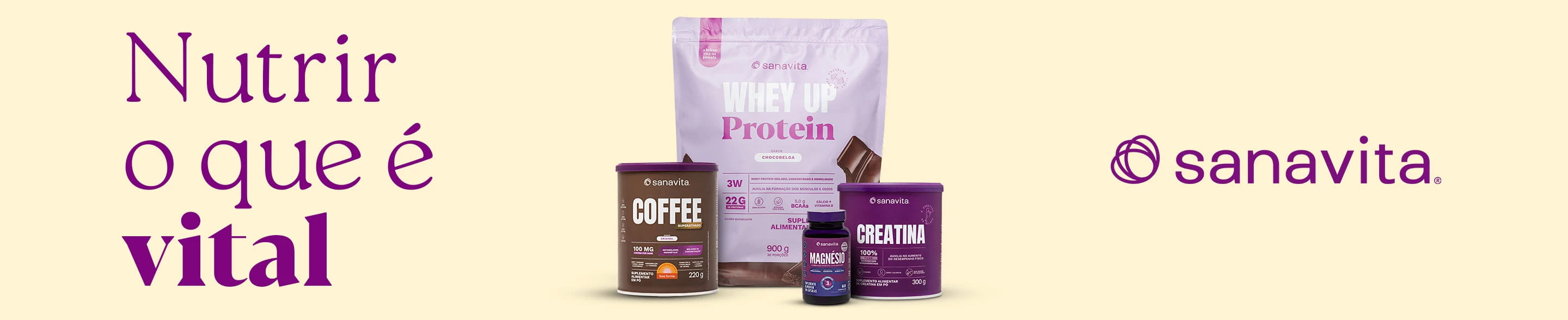 Imagem publicitária da Sanavita com produtos de suplementos, incluindo Whey Protein, Café, Creatina, e Magnésio, com a frase 'Nutrir o que é vital' em destaque.